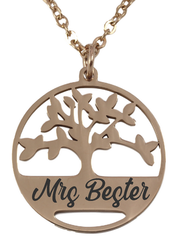 Personalized Rose Gold Plated Teacher Tree Pendant & Chain-Charmed Jewellery