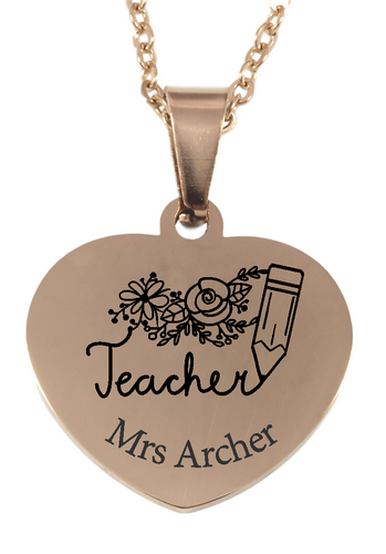 Personalized Teacher Engraved Heart Pendant and Chain (Available in other finishes)-Charmed Jewellery