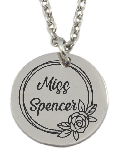 Personalized Teacher Name Round Pendant and Chain (Available in other finishes)-Charmed Jewellery