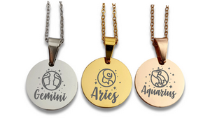 Round Zodiac Pendant and Chain Optional Engraving on Back