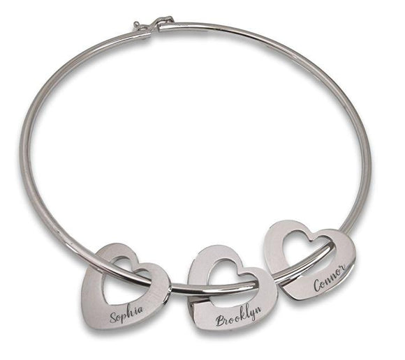 Stainless Steel Bangle with 3 Engraved Heart Charms