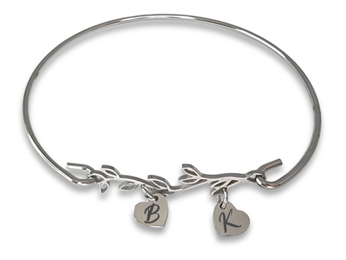 Stainless Steel Branch Bangle 2 Heart Charms