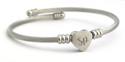 Stainless Steel Heart Bangle with Personalized Engraving