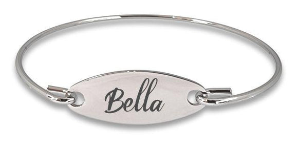 Stainless Steel Hook Bangle with Engraved Oval Charm
