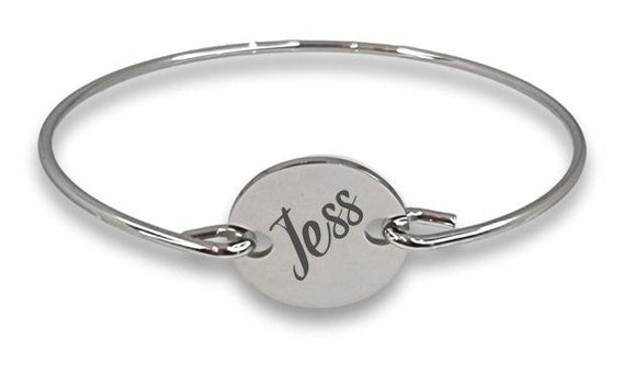Stainless Steel Hook Bangle with Engraved Round Charm
