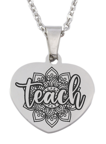 Teach Engraved Heart Pendant and Chain (Available in other finishes)-Charmed Jewellery