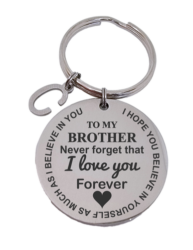 To my Brother - Round Engraved Keyring With Letter Charm